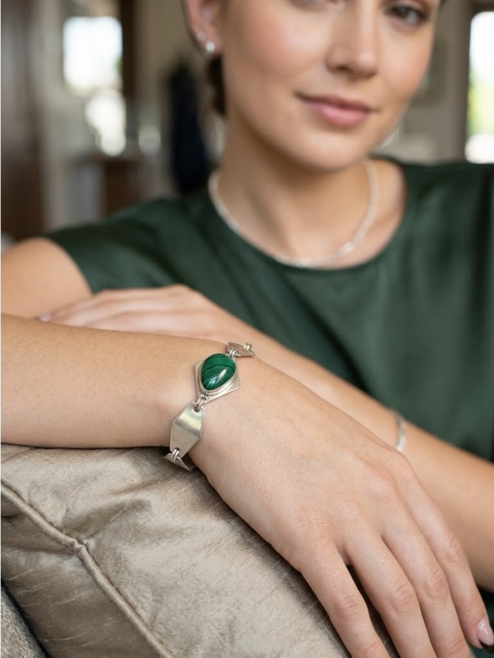 Sterling Silver Bracelet with Green Malachite Accent size 6.3/4